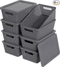 Plastic Storage Baskets With Lid, Storage Bins for Organizing, Stackable Decorative Containers for Shelves Drawers Desktop Closet Playroom Classroom Office, 8 Pack-Grey