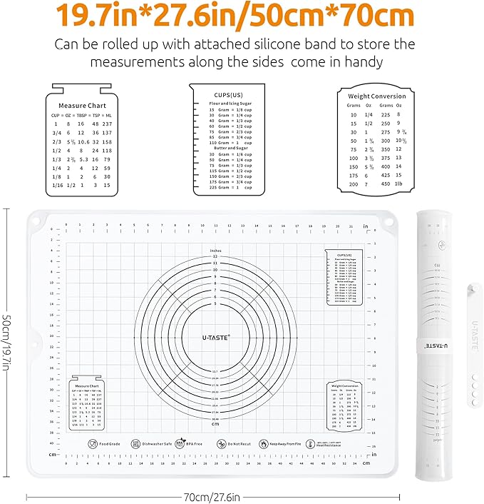 U-Taste 28"x20" Large Pastry Mat: Food-Grade Liquid Silicone Dough Rolling Baking Sheet, Non-Stick Non-Slip for Kneading, Making Pizza, Fondant with Clear Measurement and Raised Edges (Transparent)
