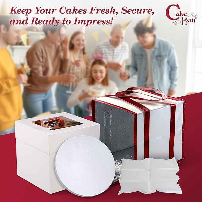 Cakebon Cake Box and Boards, 8-Inch Round White Wrapped Edges 1/2- Inch Thick Drums with Insulated Bag and Ice Pack – Cake Transport Set, Cooler for Cake Delivery and Transport (1pc Each, 4pcs Total)