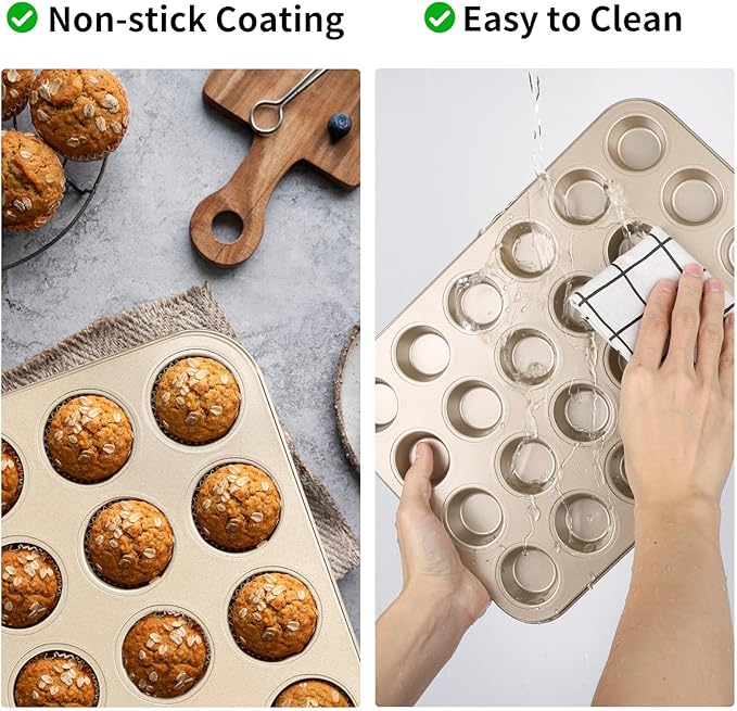 Beasea Nonstick Mini Muffin Pan 24 Cups, 2 Pack 24 Mini Small Tiny Cup Non Stick Muffin Baking Pan Tin Tray Carbon Steel Bakeware Individual Cupcake Baking Pan - Gold