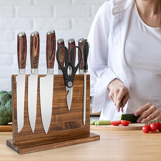 Magnetic Knife Holder,Double Sided Magnetic Knife Block for Kitchen Counter,Acacia Wood Strong Magnet Knife strip