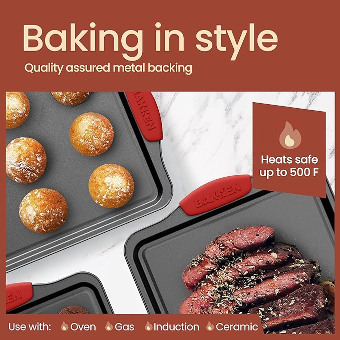 18-Piece Kitchen Oven Baking Set: Nonstick Gray Marble Coating, Carbon Steel Bakeware, Silicone Handles, Dishwasher Safe, Professional Quality, PFOA-Free