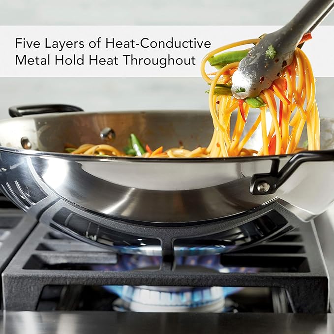 KitchenAid 5-Ply Clad Polished Stainless Steel Wok, Induction Compatible, Dishwasher Safe, 15 Inch Open Stir-Fry Pan