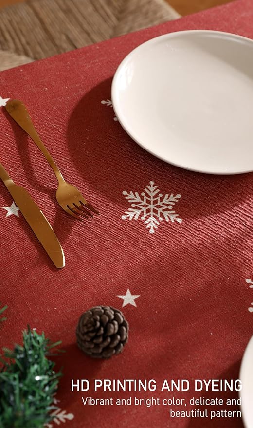 ISAENNE Designer Christmas Red Long Rectangular Tablecloth,Linen Table Cloth with Snowflakes Pattern,Wrinkle Resistant Decor Tablecloths for Dining Kitchen Thanksgiving Christmas,63"*102"-Carol C
