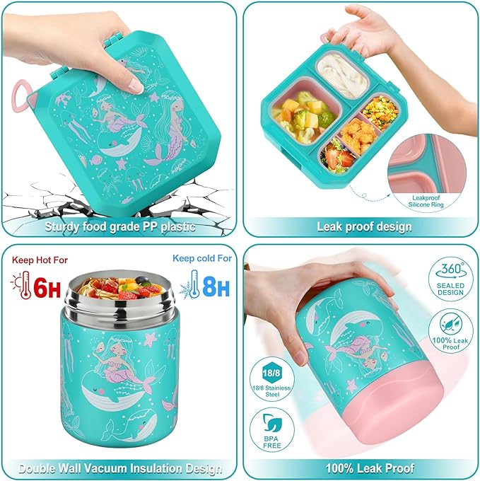 Bento Lunch Box for Kids with 12oz Soup Thermo Leak-Proof Lunch Food Container with 5 Compartment Thermo Hot Food Jar and Insulated Lunch Bag for Kid Toddler Girls Boys to School