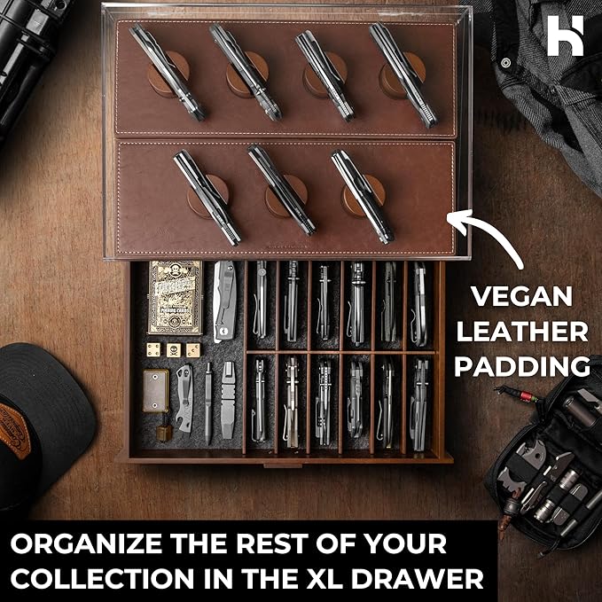 Premium Pocket Knife Display Case for 30 Knives - Large Wooden Knife Organizer, Storage & Holder with Unique Pillars, Hinged Cover, Drawer - Knife Collection Box - Handcrafted for Men
