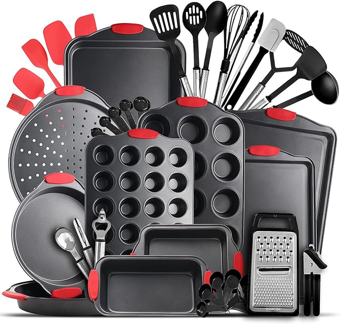 Baking Pan Set, 39 Piece Premium Baking Set, Nonstick Bakeware Sets BPA Free, Cookie Sheets for Baking Nonstick Set, Steel Baking Sheets for Oven with Muffin Pan, Cake Pan & Black Kitchen Utensils