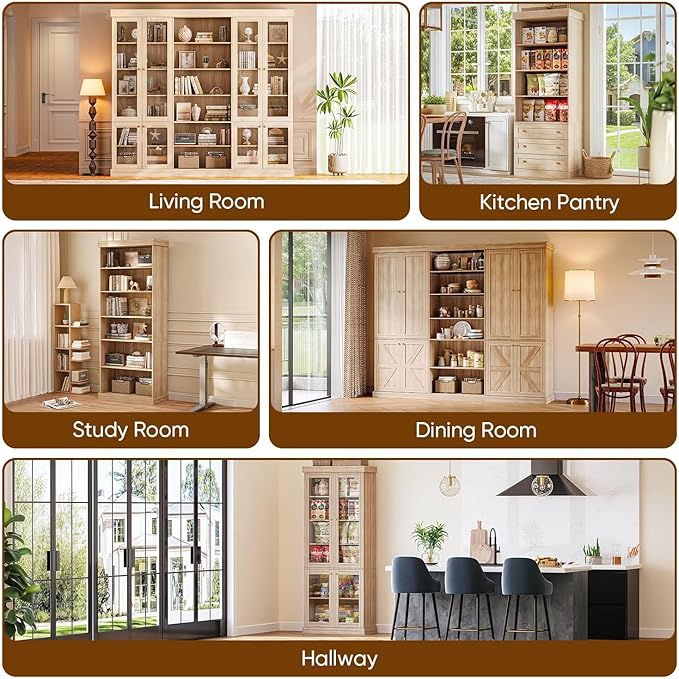 70.8" Tall Farmhouse Bookshelf, Modular Bookcase with Glass Doors, 6-Tier Adjustable Shelves, Large Storage Cabinet for Kitchen, Living Room, Brown, Set of 2