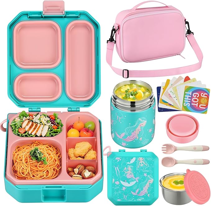 Itslife Bento Lunch Box Set for Kids with 12oz Soup Thermo&Lunch Bag, Leak-Proof Lunch Food Containers for Kids School, 5 Compartment, Sauce Cup, 10 Notes (Mermaids Green)