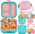 Itslife Bento Lunch Box Set for Kids with 12oz Soup Thermo&Lunch Bag, Leak-Proof Lunch Food Containers for Kids School, 5 Compartment, Sauce Cup, 10 Notes (Mermaids Green)