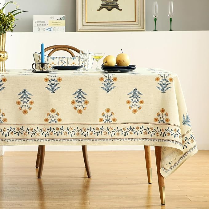 ISAENNE Designer French Pale Yellow Extra Long Rectangle Table Cloth,Linen Floral Tablecloth,Wrinkle Resistant Decor Tablecloths for Dining Thanksgiving Banquet Kitchen Party,63"*110"-Estevan A