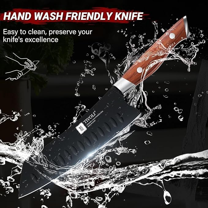 TIVOLI Santoku Knife, 7 Inch Professional Chef Knife, High Carbon Steel Ultra Sharp Deep Cooking Knife with Full Tang Ergonomic Wood Handle, Gift for Men Women Christmas