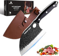 Mossy Oak Serbian Chef Knife, Meat Cleaver Knife with Genuine Leather Sheath, Hand Forged Heavy Duty Chopper Knife Full Tang Handle, Butcher Knife for Kitchen, Outdoor Cooking, Camping