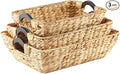 Greenatural Water Hyacinth Storage Baskets Set of 3, Handwoven Rectangular Organizer with Wooden Handles, 3 Different Sizes, Nested Wicker Baskets for Shelf, Bathroom, Kitchen, Office, Natural Decor