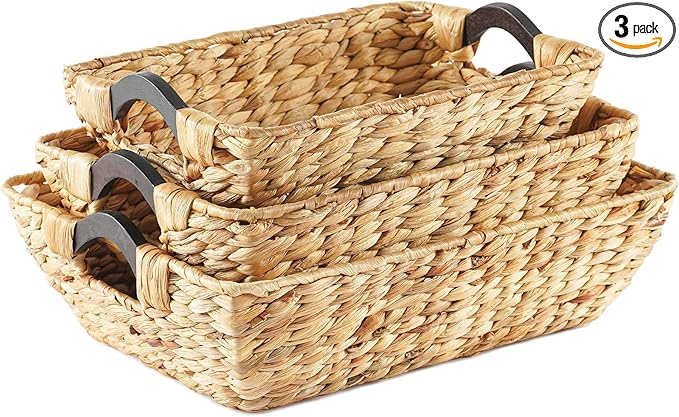 Greenatural Water Hyacinth Storage Baskets Set of 3, Handwoven Rectangular Organizer with Wooden Handles, 3 Different Sizes, Nested Wicker Baskets for Shelf, Bathroom, Kitchen, Office, Natural Decor
