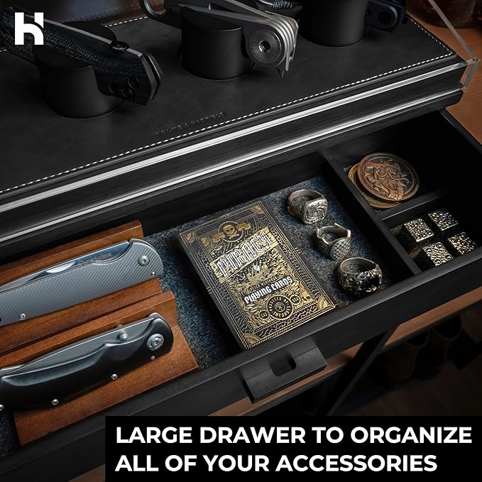 Premium Pocket Knife Display Case for 10 Knives - Wooden Knife Organizer, Storage & Holder with Unique Pillars, Hinged Cover, Drawer - Knife Collection Box - Handcrafted for Men