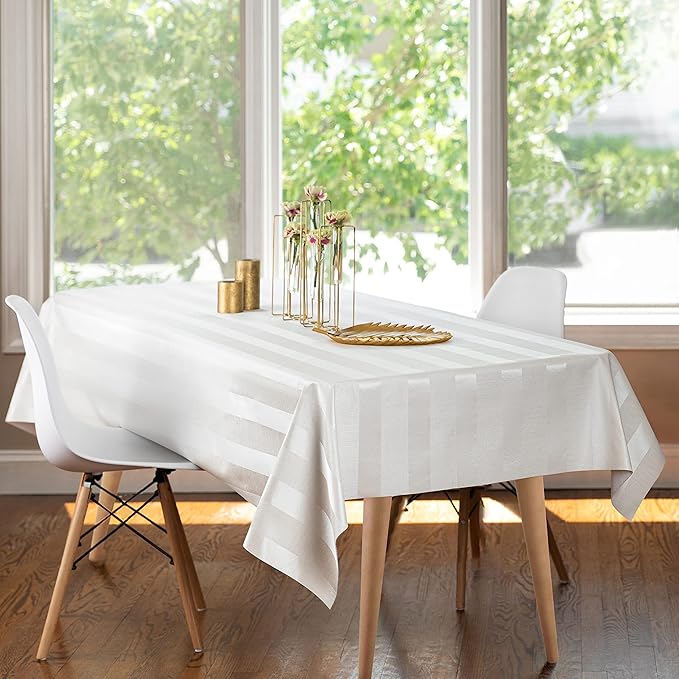 Luxury Table Protector Pad, 2 in 1 Table pad + Great Looking Tablecloth - Heat Resistant, Spill & Stain Proof - Flannel Backing (54x126, White - Silk Stripe)