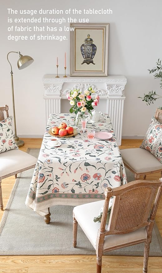 ISAENNE Designer Chinoiserie Linen Floral Extra Long Tablecloth Rectangle,White Wrinkle Resistant Table Cloth,Elegant Decor Tablecloths for Dining Thanksgiving Kitchen Party,63"*110"-Daffy