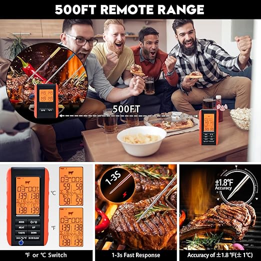 Wireless Meat Thermometer for Grilling and Smoking, Food Thermometer for BBQ Smoker Oven Cooking Steak, Grill Thermometer for Outside Grill with 4 Meat Probes, Kitchen Timer