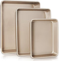 HONGBAKE Deep Baking Pans Set of 3, Nonstick Rectangle Sheet Cake Pans, 13/11/9 Inch Metal Oven Tray for Cooking Lasagna Brownie, Stackable Multi-Depth Bakeware, Golden
