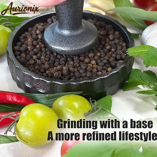 Cast Iron Mortar and Pestle & Garlic Grater Plate Set, Guacamole Bowl and Masher with Bonus Brush/Spoon, Small Mortar and Pestle Set 3-in-1 Crushing Smasher for Kitchen Spices and Pesto