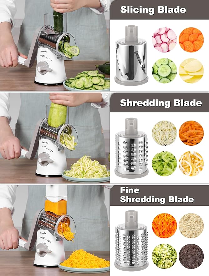 Geedel Rotary Cheese Grater Cheese Shredder with 5 Interchangeable Blades - Upgraded Rotary Grater Featuring Strong Suction Base for Cheese Shredding, Wavy Slicing, Nut Grinding, and Ice Shaving