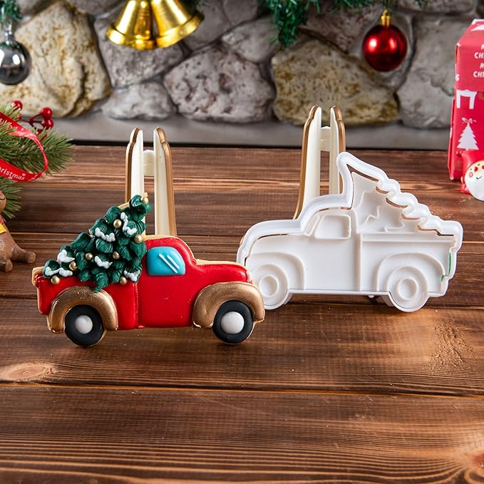 Flycalf Christmas Cookie Cutters Truck With Christmas Tree Shapes Fall Holiday PLA Baking Accessories Cutter Molds Gifts for Kids Decorative Party 3.5" Kitchen Cake Supplies