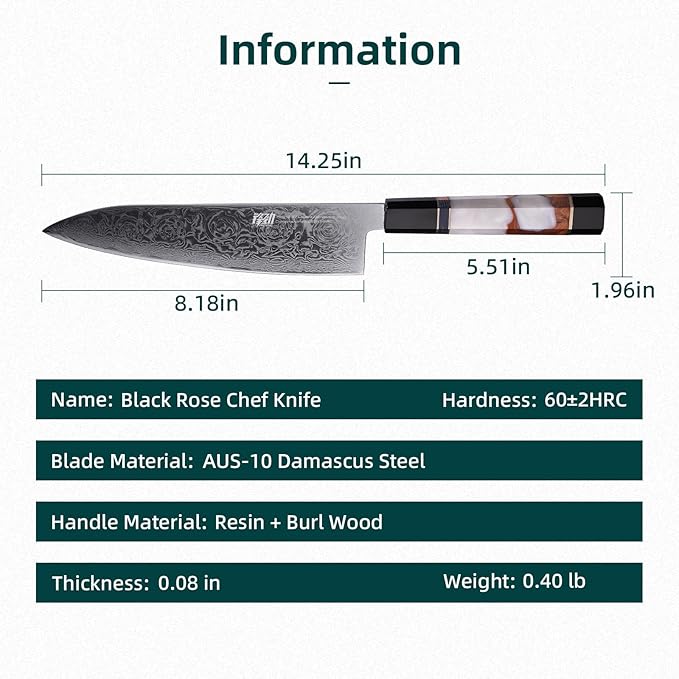 FINDKING 8 Inch Japanese Professional Chef Knife, Damascus Kitchen Blade for Sharp, Sturdy Cuts & Daily Cooking (BLACK-ROSE Series)
