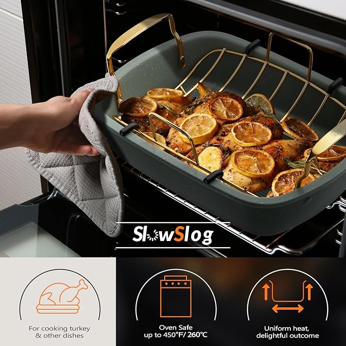 Nonstick Roasting Pan, 17 Inch x 13 Inch Large Roaster Pan with Removable Rack, Roaster for Roasting Turkey, Meat & Vegetables (Green）