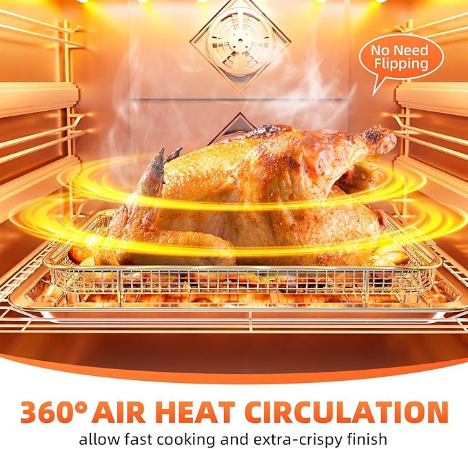 Air Fryer Tray for Oven, Oven Air Fryer Basket and Tray with Cooking Guide and 30 PCS Parchment Papers, DEGOVIN Crisper Non-stick Stainless Steel Air Fry Pan for Convection Oven(15.8" × 11")