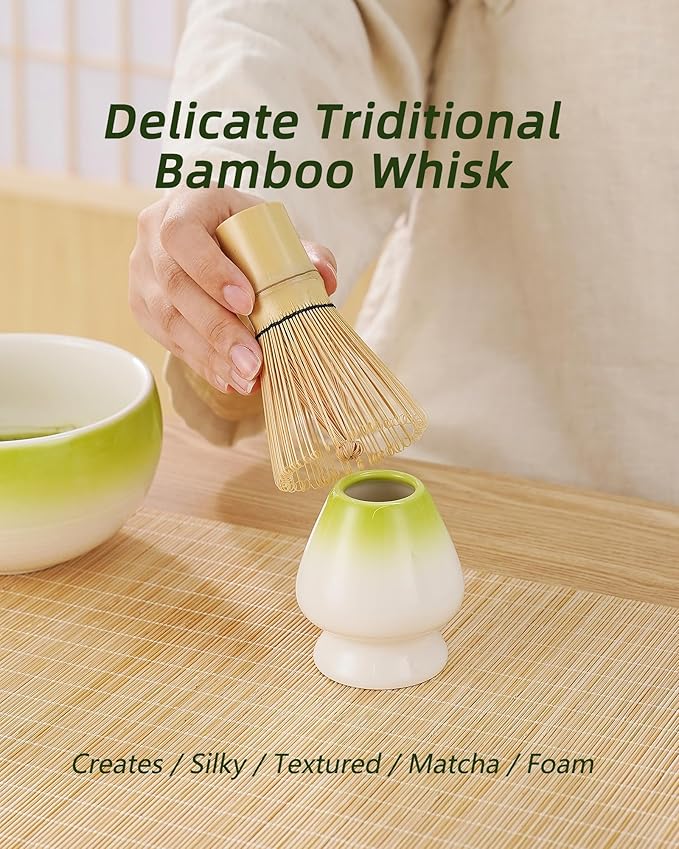 ZENS Matcha Whisk Set, 5pcs Matcah Kit Includes Ceramic Bowl with Spout, Handcrafted Bamboo Whisk, (Chasen) Holder, Scoop & Tea Mat, Matcha Set Gift for Tea Ceremony, Green
