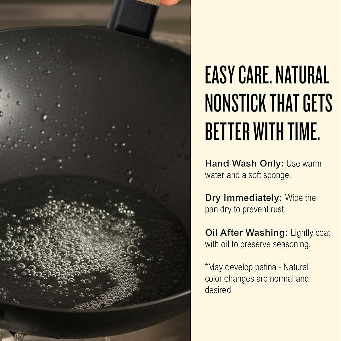 Alva Forest Naturally Nonstick Carbon Steel Wok Pan 12" - Acacia Wood Handle, Pre-Seasoned and Made without PFAS, PFOA & PTFE - Induction and All Stovetop Compatible with Even Heat Distribution