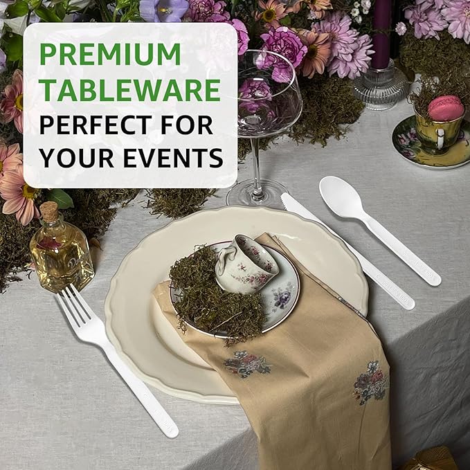 100% Compostable Forks 180 Count Disposable Forks bulk Utensils Set Heavy Duty Fork Silverware Eco Friendly Flatware for Party Camping Picnics Wedding-Ivory White