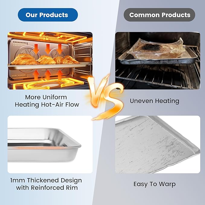 6 Pack Stainless Steel Baking Sheet Pans, 12.5" L × 9.6" W × 1" H Cookie Sheets for Toaster Oven, Rust-Resistant, Dishwasher Safe