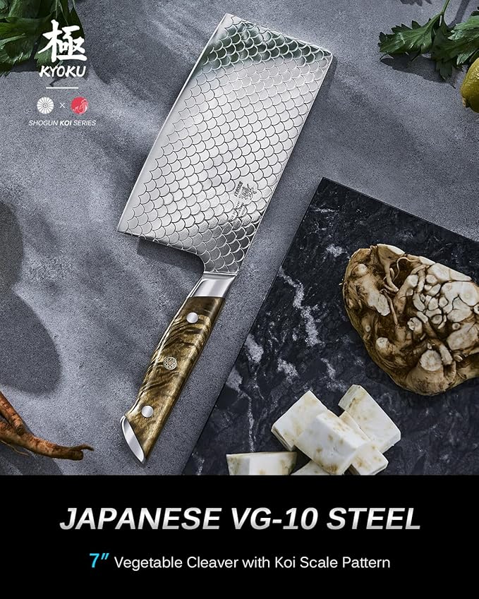 KYOKU 7" Meat Cleaver with Non-Stick Koi Scale Pattern, Japanese VG10 Stainless Steel Butcher Knife with Sheath & Gift Box, Shogun Koi Series Full Tang Kitchen Knife with Camphorwood Handle