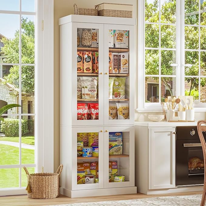 70.8" Tall Farmhouse Bookshelf, Modular Bookcase with Glass Doors, 6-Tier Adjustable Shelves, Large Storage Cabinet for Kitchen, Living Room, White, Set of 4