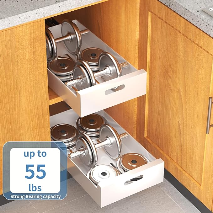 HBL' 1 Pack | 21" Deep Pull Out Cabinet Organizer Adhesive, 12-Inch Wide Sturdy Carbon Steel Roll-Out Drawers for Face Frame or Frameless Cabinets,Slide-Out Shelves for Pantry.