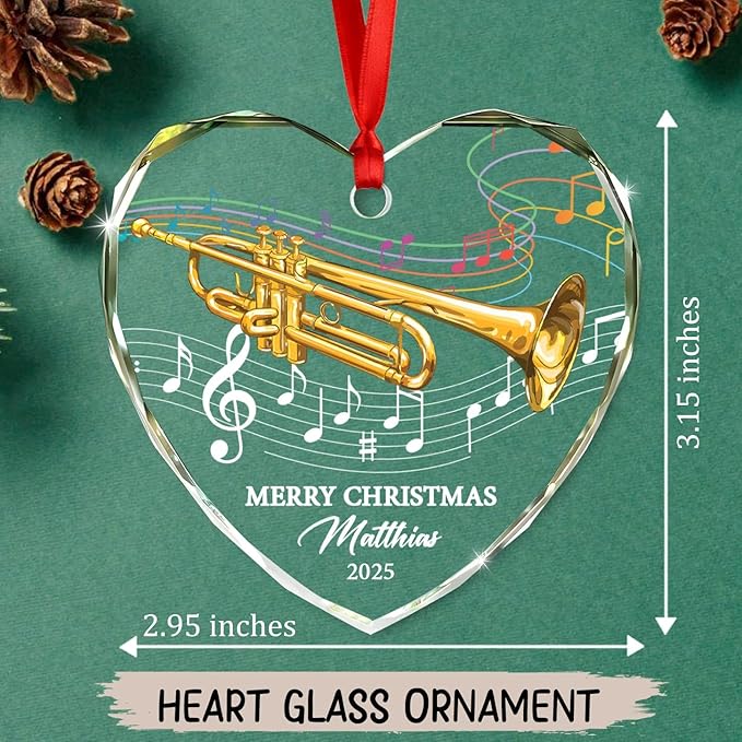 Awesome Trumpet Glass Ornament Gift for Xmas 2025, Customized Text Year Name Trumpet Lover Christmas Ornaments Gift for Women Men Friends Besties Coworker, Personalized Trumpets Player Glass Ornament