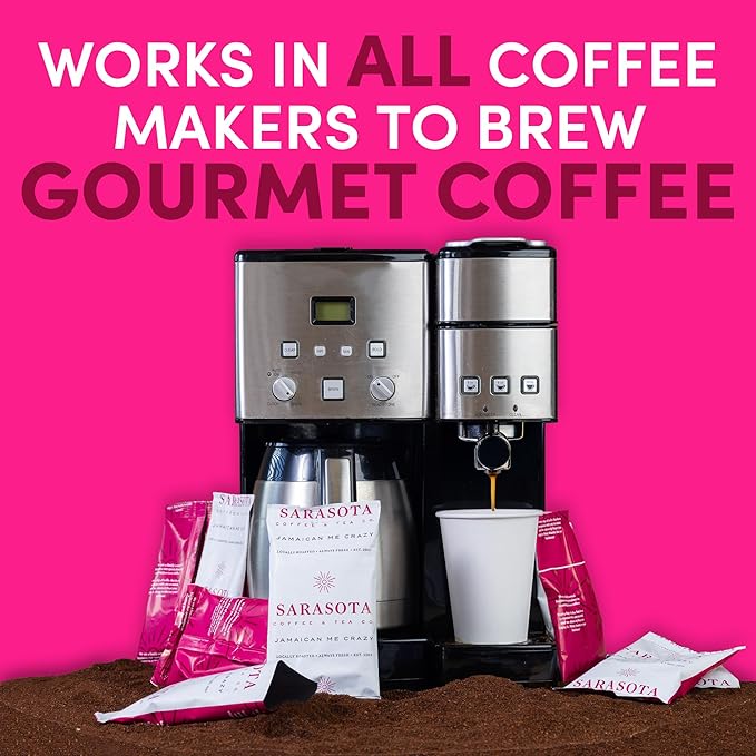 Sarasota Coffee Ground Packets | Gourmet Flavored Medium Roast Bulk Coffee Packs | Jamaican Me Crazy | Low Acid Mold Free Singles Individual Pouches for 12 Cups | 2.5 Ounce Bags, 36 Count