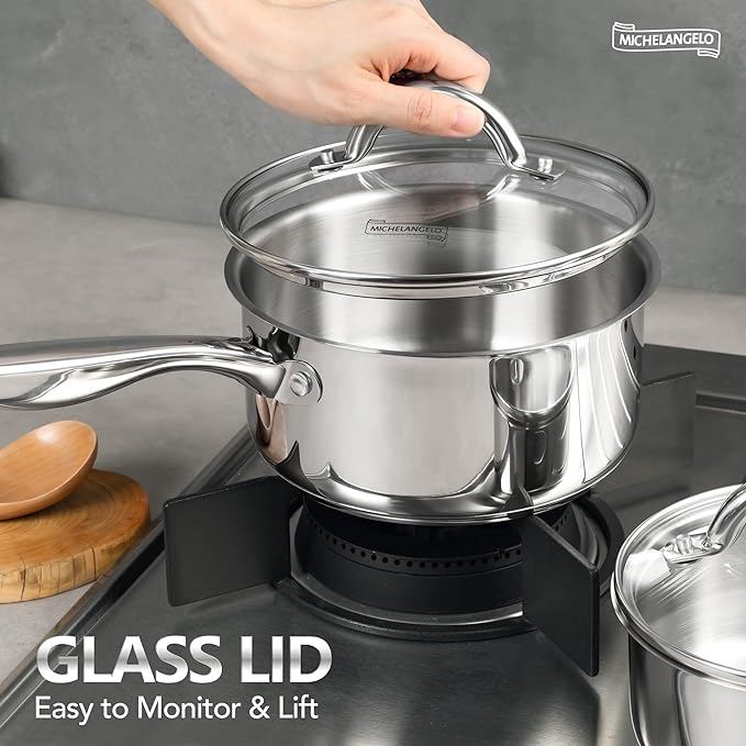 MICHELANGELO Saucepan Set 6pc, Triply Stainless Steel Sauce Pan with Lids 1QT & 2QT &3QT, Kitchen Cooking Pot for Home Use, Dishwasher Safe & Induction Compatible
