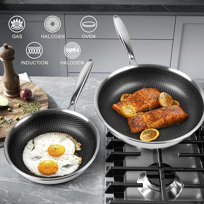 Stainless Steel Frying Pan Set with Lid 10" and 12" Nonstick Honeycomb Coatings Skillet Set 2pcs W/Stay Cool Handle,Works Pan for Cooking with Induction Gas Stovetops