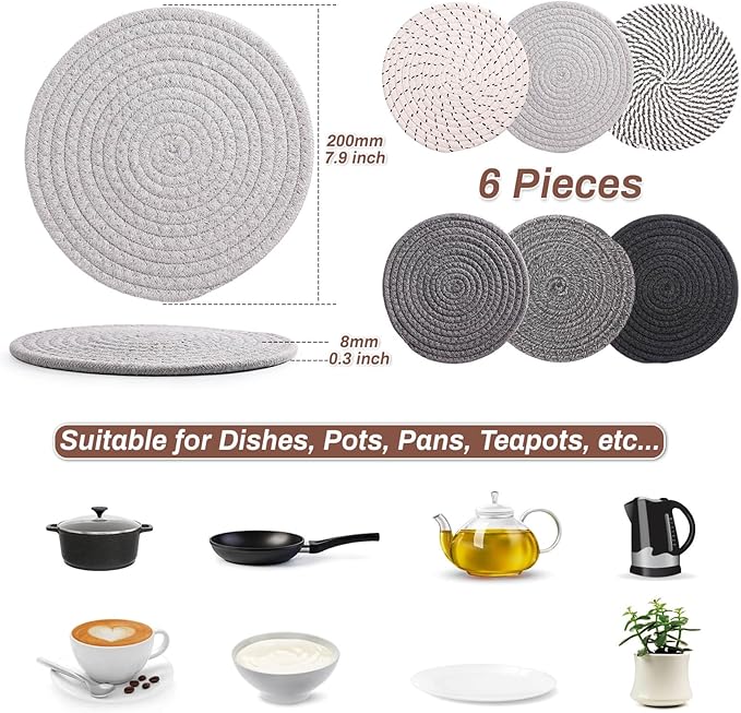 Billbotk 8'' Trivets Hot Dishes, Hot pots and Pans, 6 Heat Resistant Hot Pads, Pot Holders Kitchen, Hot Plate Mats Kitchen Countertops, Table, Home Essentials New Home and Farmhouse Decor