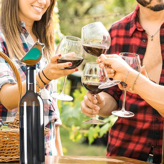 Songbird Specialties Wine Bottle Pourer, Fun Wine Pourer Spout Sings While It Pours, Airtight Wine Bottle Sealer, Acacia Wood with Turquoise Wings