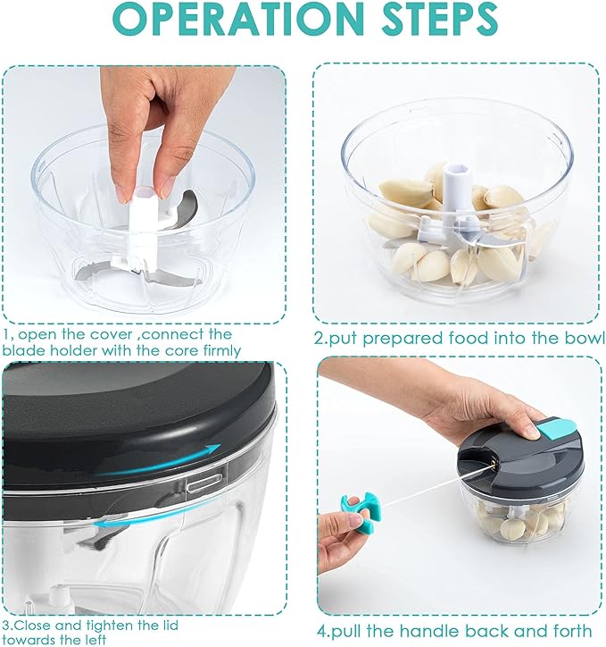 Multi-Function Manual Food Processors & Chopper with Cover and Handle, Garlic Press Vegetable Chopper Shredder,Suitable for Onions Garlic Carrots Gingers Peppers Fruits,Ideal Gift for Kitchen（Blue）
