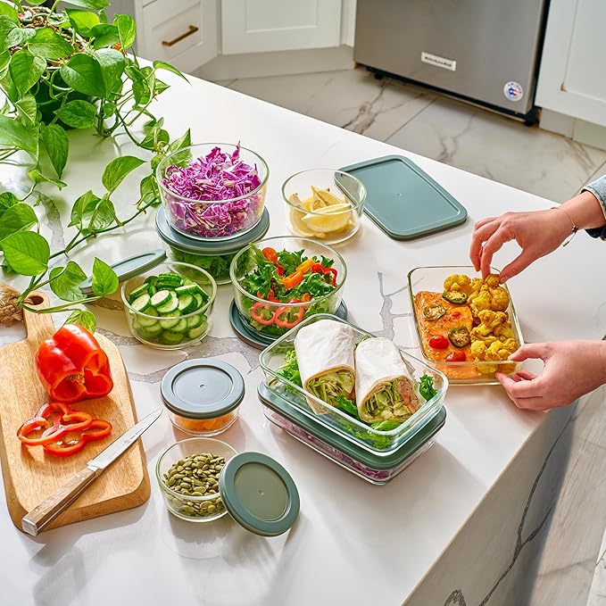24pc Set Glass Food Storage Containers & Bowls with Airtight Lids - Leakproof BPA-Free Meal Prep Airtight Stackable Lunch Boxes, Kitchen Pantry & Storage Organizers - Microwave Freezer Dishwasher Safe