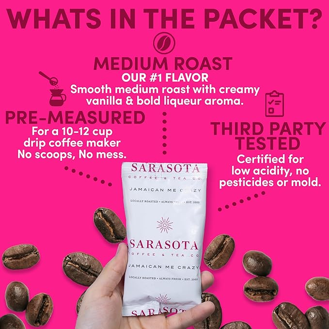 Sarasota Coffee Ground Packets | Gourmet Flavored Medium Roast Bulk Coffee Packs | Jamaican Me Crazy | Low Acid Mold Free Singles Individual Pouches for 12 Cup | 1.5 Ounce Bags, 42 Count