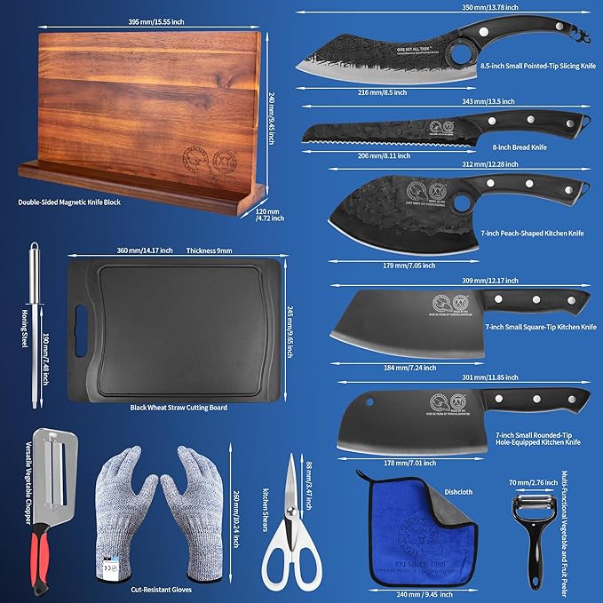 XYJ Authentic Since 1986, Kitchen Knife Block Set, Knives Set with Magnetic Knife Block, Sharpening Stick, Gloves, Scissors, Chopping Board, Washing Towel, Chef Knives Set, Full Tang Handles