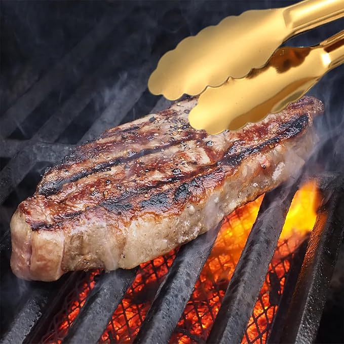 Gold Serving Tongs & Utensils, 4 Pack 9 Inch Non-slip Grip Stainless Steel Gold Tongs for Serving Food, Buffet, Party, Salad & Ice