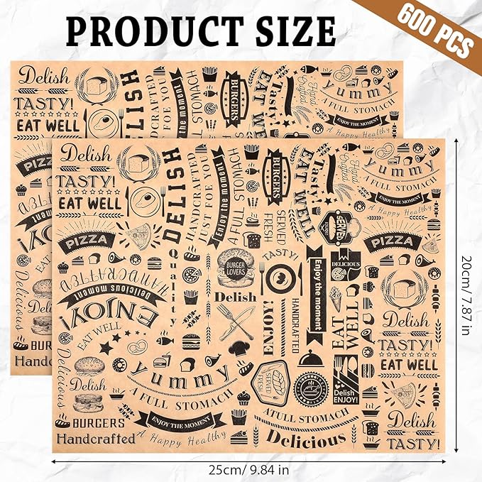 Outus 600 Pcs 8 x 10 inch Deli Wax Paper Sheets Grease Resistant Tray Basket Liners Newsprint Paper Water and Grease Proof Sandwich Wrapping Square Hot Dog Wrappers for Food Baking(Brown)