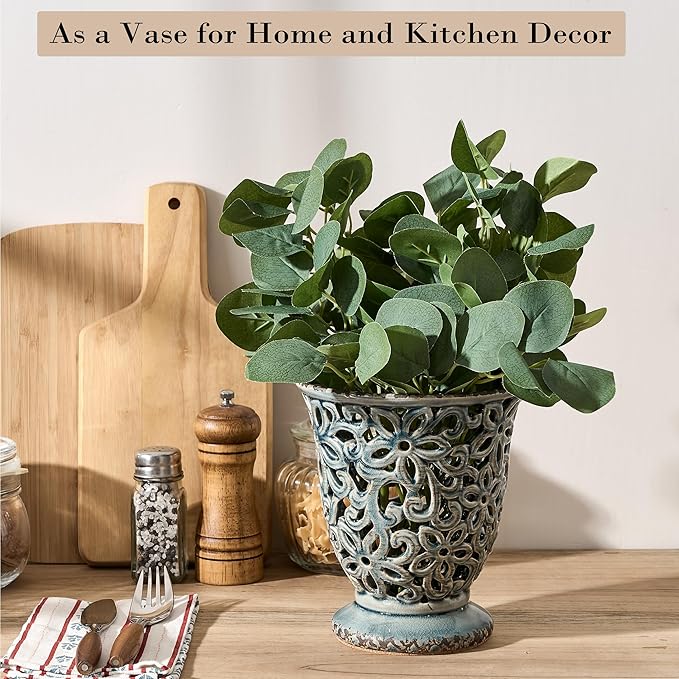 Utensil Holder for Kitchen Counter, Modern Farmhouse Cooking Utensil Holder and Crock Home Kitchen Decor, Ceramic Utensil Organizer for Spatula, Ladle, Eggbeater, Rolling Pin- Grayish Blue, Crackled